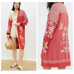 Farm Rio Anthropologie Red Tropical Cardigan Flowers MEDIUM 100% ORGANIC Cotton‎